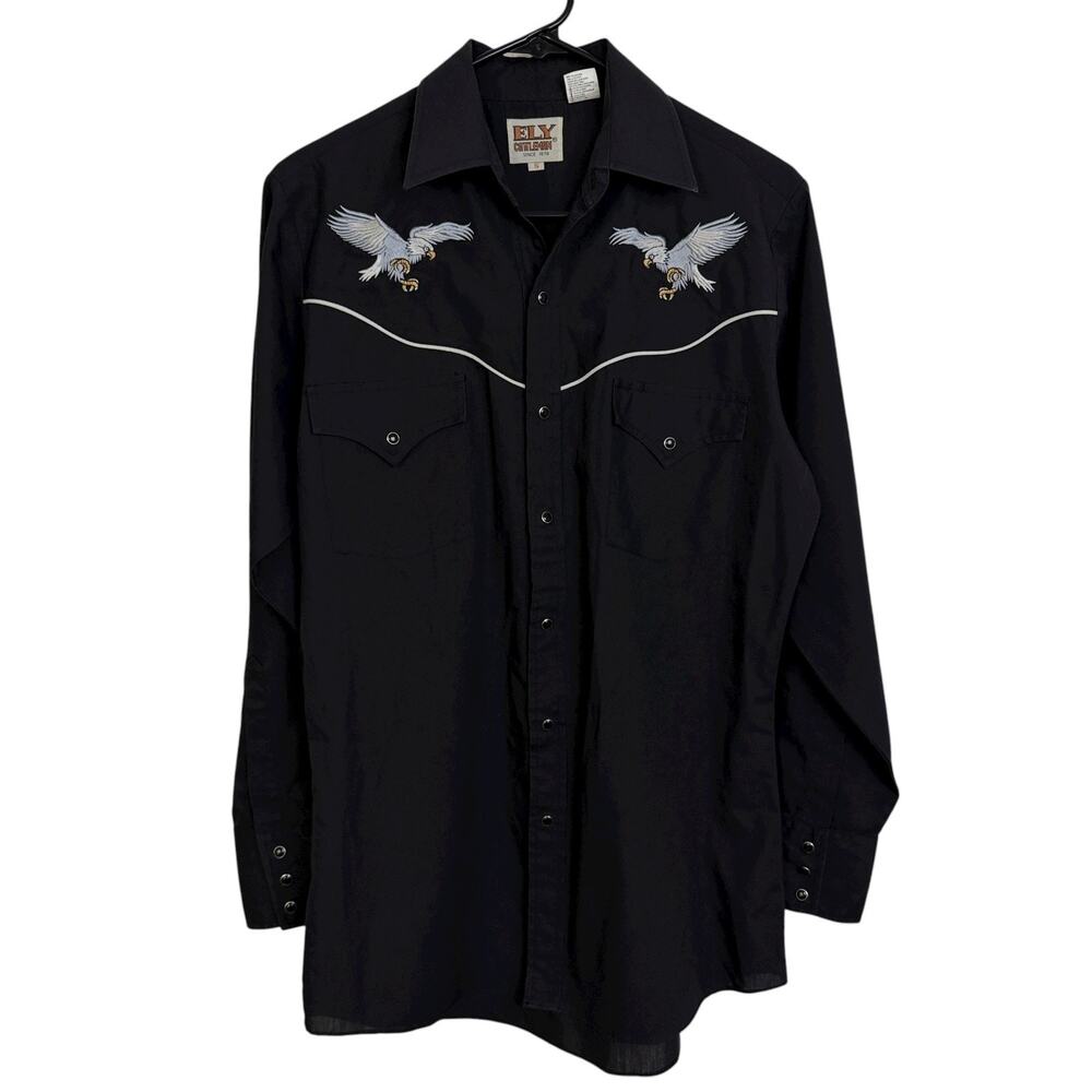Ely Cattleman Western Shirt Mens Small Black Eagle Embroidered Cowboy Rodeo